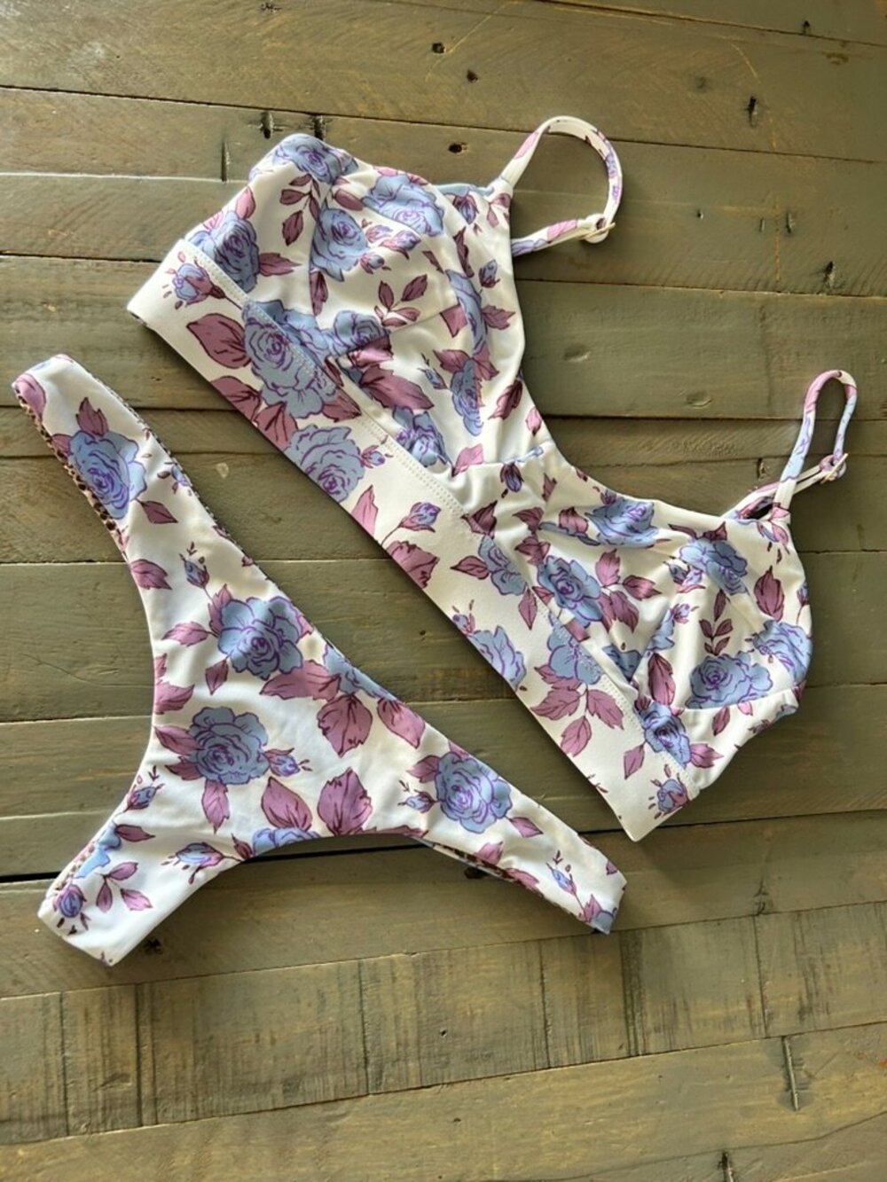 acacia swimwear White Floral Bikini with Lavender and Pink Roses